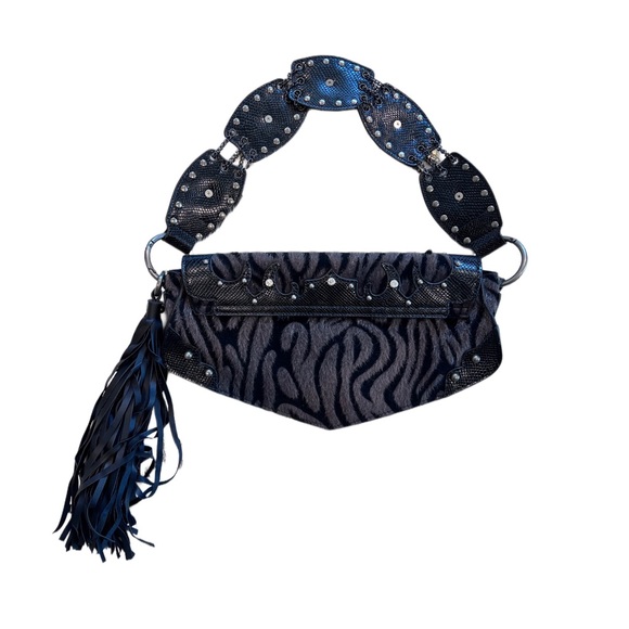 Black y2k leather fur zebra print rhinestone chain shoulder bag with fringe - Picture 4 of 4